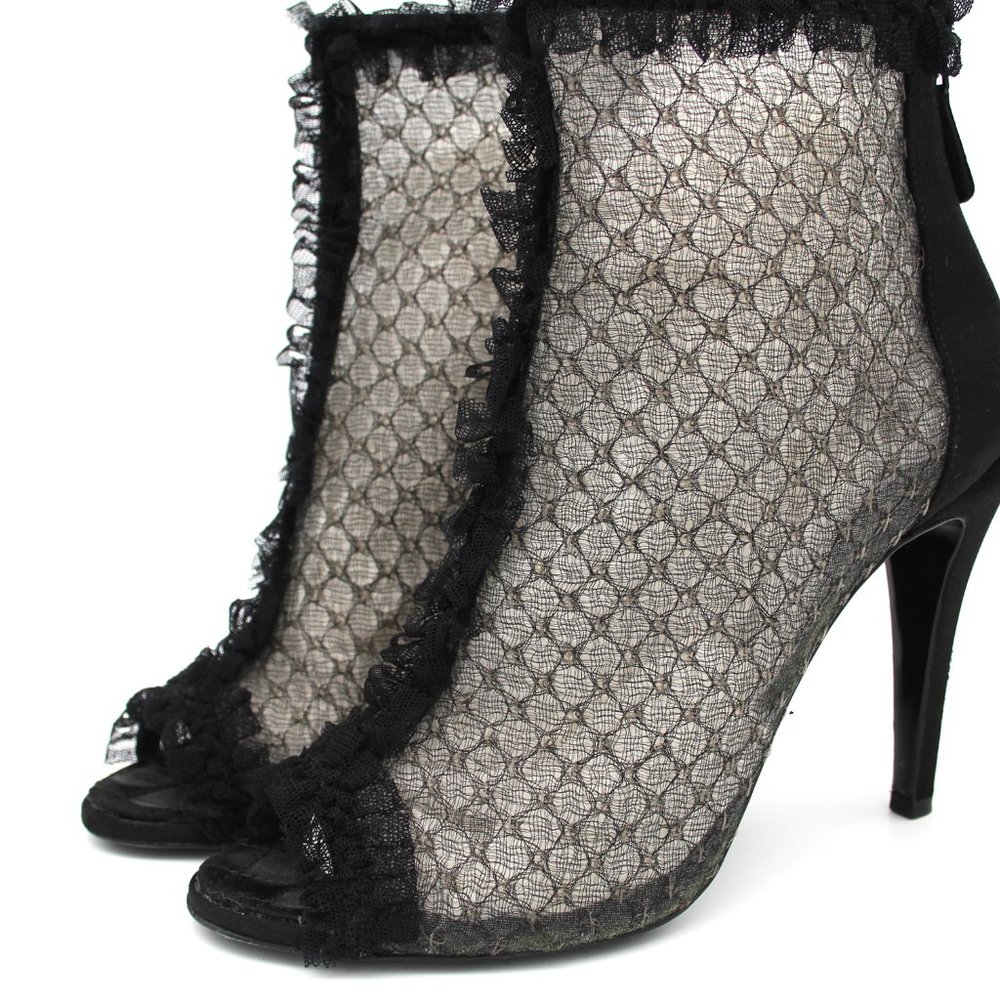CHANEL Black Sheer Lace Peep Toe Ruffle Lace Trim Heeled Ankle Bootie Shoe 38.5 - Picture 3 of 10